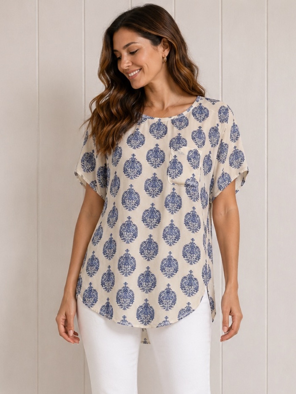 Preppy Flowy Tunic Top Blouse Career Work Office Blue Medallion Blush Pink Large